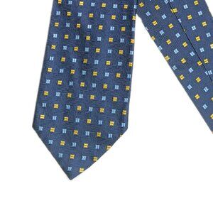 Sartori Silk Tie Men’s 60” Navy Blue Yellow Woven Geometric Designer Wide New